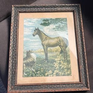 Horse and collie -Very old framed print on backing wood frame nailed backboard